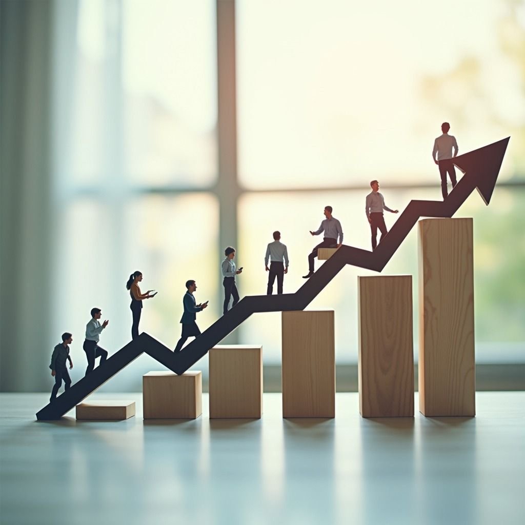 Team climbing a rising growth chart together