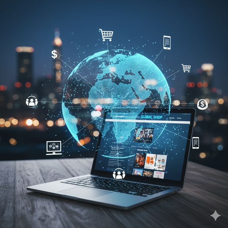 Global digital marketing and ecommerce growth on a laptop